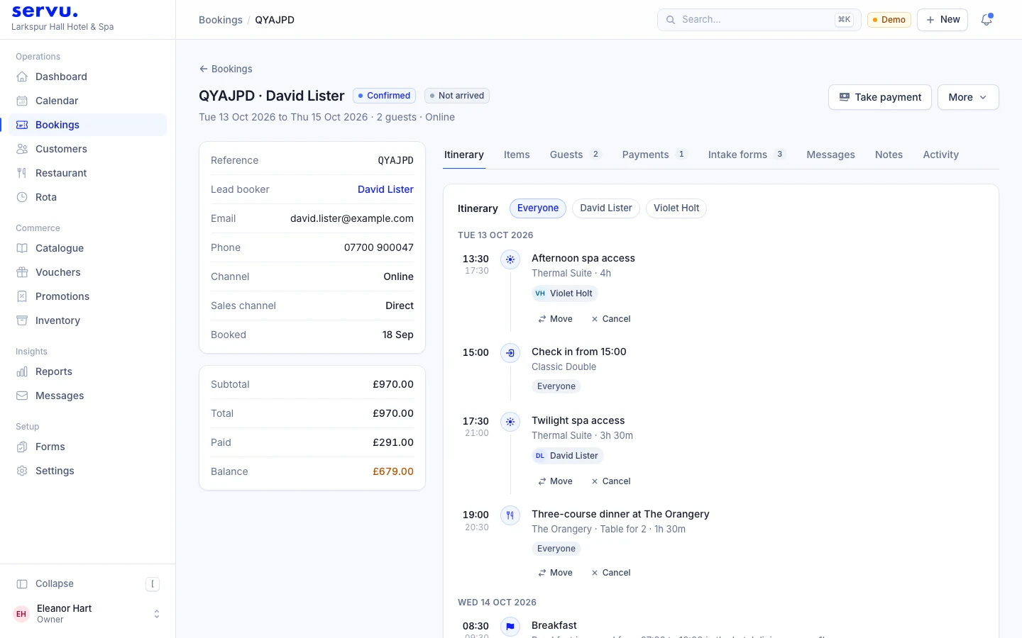 A booking for two guests with its itinerary, tabs and payment summary
