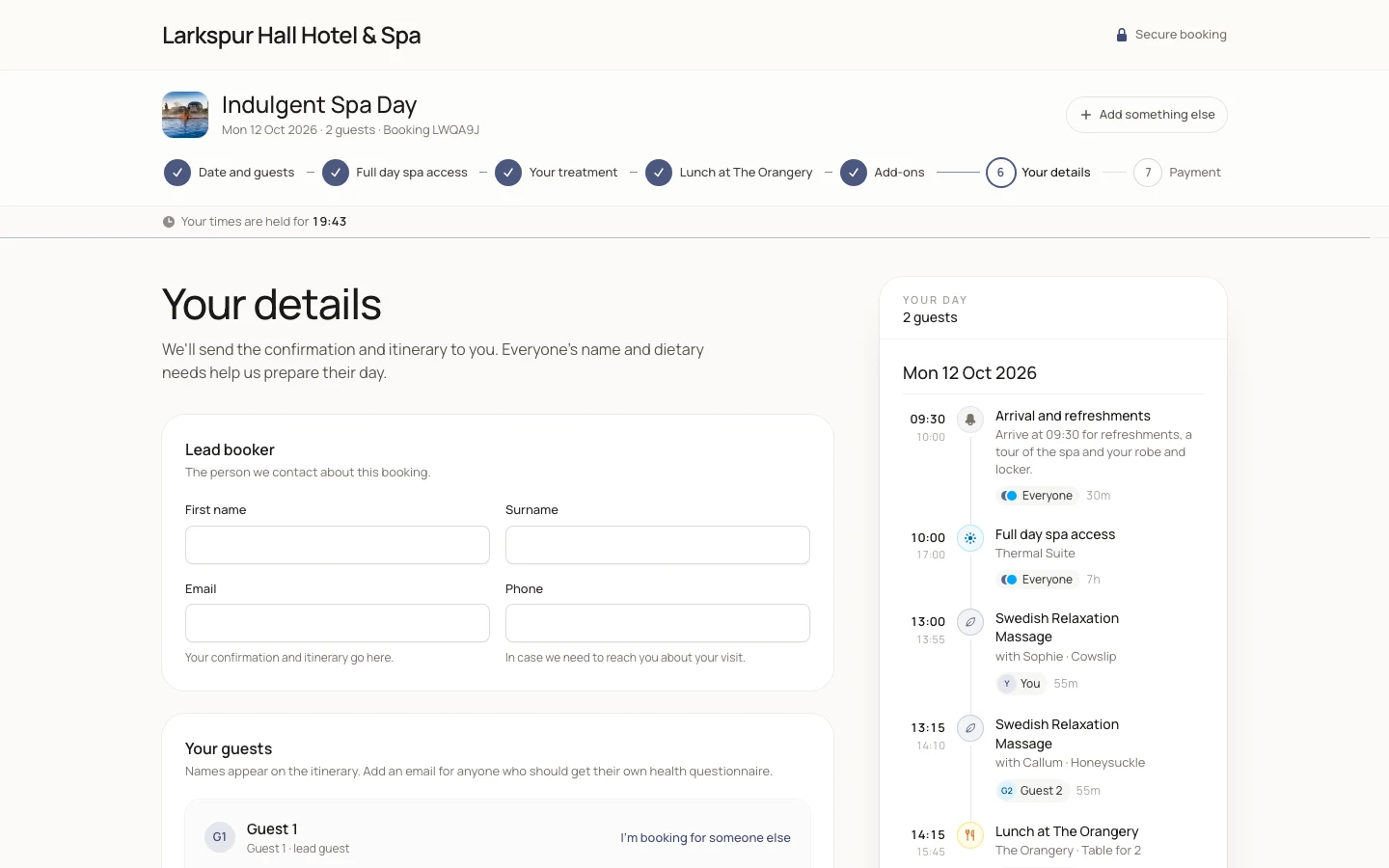 The guest details step of checkout beside the day plan