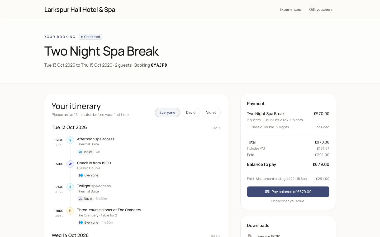 A confirmed booking with the itinerary for each guest and a payment summary