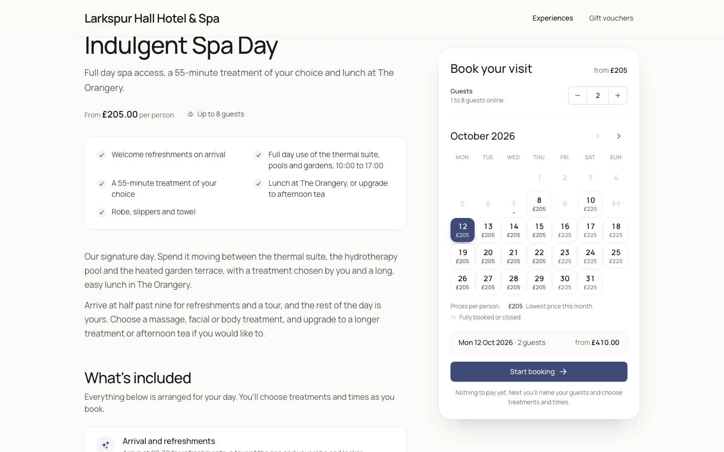 A spa day package page with what is included, a guest count and a calendar of prices