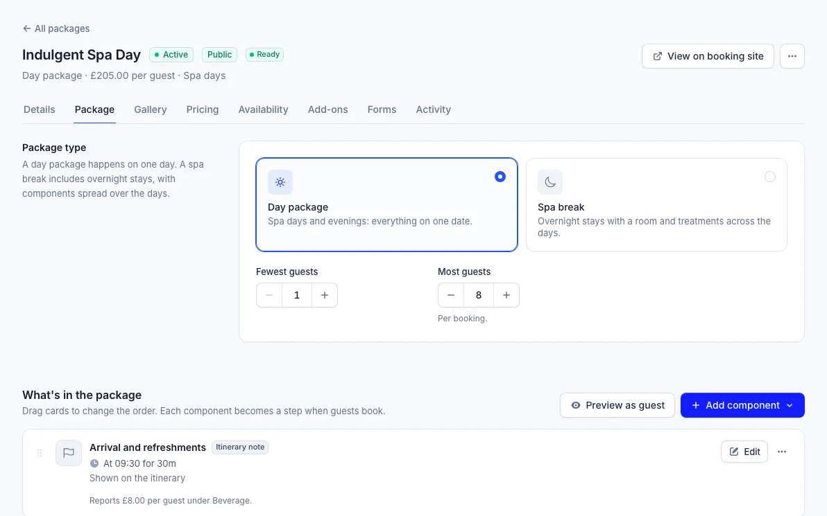 The package builder for a spa day