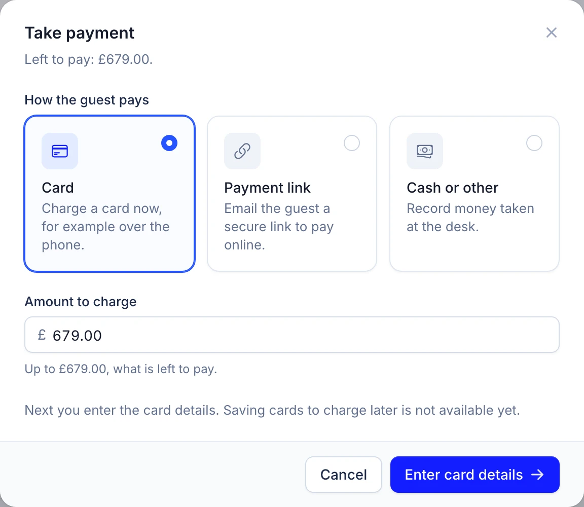 Taking a payment on a booking: card, payment link, or cash and other methods